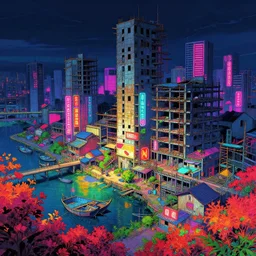 a beautiful hyperdetailed anime illustration of city unfinished building fishing village by camille pissarro, neon signs nightvision tron at night vaporwave forest flowers thermal vision sunlight infrared darkacademia lightpaint, archdaily, wallpaper, highly detailed, trending on artstation.