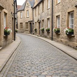 Cobblestone walkway through a medieval street with flowers in the windows of the stone buildings on either side