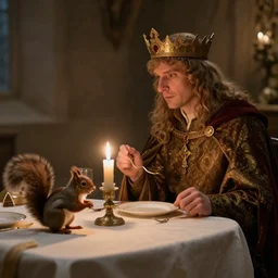 king arthur from arthurian legend having a romantic candlelit dinner with a squirrel
