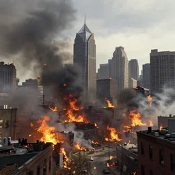 post apocalypse Pittsburgh, smoke, fire, cinematic, rendered in octane, rendered in Arnold, rendered in vray