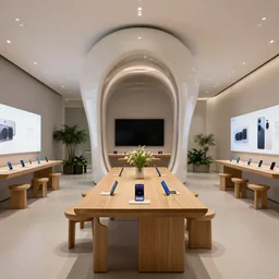 (2050s bulbous Microsoft Zaha Hadid Zaha Hadid retail interior. Mobile phones. large oak tables, empty stools, fragrant plants, large digital screens) muted palette, architectural photography, wide shot, XF IQ4, 14mm, f/1.4, ISO 200, 1/160s, 8K, RAW, unedited, symmetrical balance
