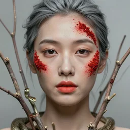 portrait of a woman, close - up, clay on the face, red pepper on the skin, high sharpness, zeiss lens, fashion photo shoot, dry branches, gray hair, coral lipstick, in front of snakes, in the fog, edward buba, annie leibovitz, paolo roversi, david lazar, jimmy nelsson, eiko hosoe, artistic, hyperrealistic, beautiful face, octane rendering