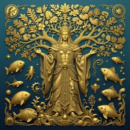 ,ancient british tree   god graphic illustration ocean life color palette detailed intricate gold linework + otomo, yoshitaka Amano, hiroshi yoshida, moebius, loish, artgerm, symmetrical and detailed 3d cycles render dusk Hdrmi
