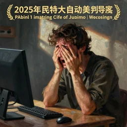 a painting of an artist crying in front of a computer