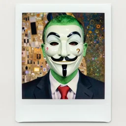 green skinned man wearing a anonymous guy fawkes mask and a suit with a red tie, a question mark for a face character design, portrait, cgsociety artstation, portrait by klimt, dan mumford, and seb mckinnon, polaroid
