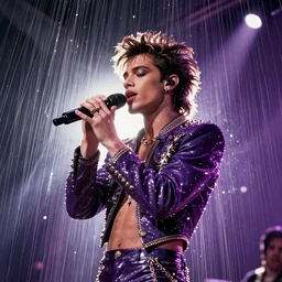 Prince playing Purple Rain, upside view, digital Art, hyperreal, HDR