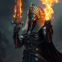 cyborg pharaoh with a flaming sword, by cedric peyravernay, highly detailed, excellent composition, cinematic concept art, dramatic lighting, trending on artstation