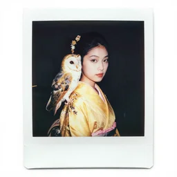 head to shoulder portrait Polaroid film photograph of an elegant top model wearing a yellow kimono with a very detailed barn owl on her shoulder!!! in opera . looking at the camera!!. super resolution. Polaroid 600 film. art by Alessio albi and  john william waterhouse.
