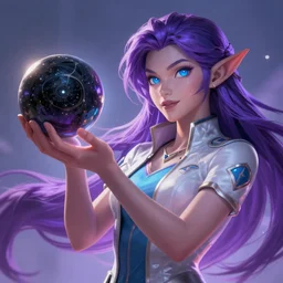 league of legends concept art beautiful female scientist with ears holding spherical black hole in her hand, long purple hair, blue eyes, art by charles liu, perfect angle, fantasy style, vibrant colour scheme, ultra detailed, volumetric lighting, octane render, commission art