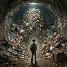 craig mullins and ghibli and james gurney detailed digital painting of someone in a very large underground storm sewer, a massive mountain of electronics as trash in the underground storm sewer, cinematic shot, very detailed, maximalism, unreal engine, hyper realism, realistic shading, cinematic composition, blender render, octane render, hdr, detailed textures, photorealistic, very wide shot, 1 6 mm lens