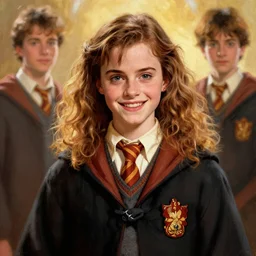 painting. [ young ] emma watson as hermione granger 2 0 0 4. prisoner of azkaban. cheerful. happy. art by artgerm and greg rutkowski and alphonse mucha. during golden hour. extremely detailed. beautiful. 4 k. award winning.