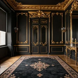 parisian interior, dark walls, gold accents, interior design, thick carpet, hyperrealistic, hyperdetailed, super detailed, uhd, uhd, 8 k, high resolution,