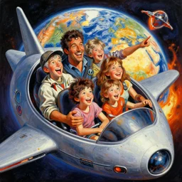 a picture of a laughing family in a alien space ship, a detailed action painting by mort kunstler, pixiv, kitsch movement, burning earth in background, movie poster, official art