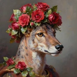 lynx wearing Caesar's crown of leaves made out of roses, Caesar's crown of leaves, an expressive digital painting, high quality art,