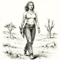 scarlett johansson as clint eastwood in afro samurai manga style, movie poster, pencil and ink, walking the wild west wastelands