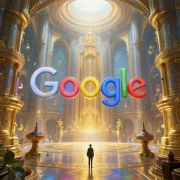 extremely beautiful interior scene with a temple of google who knows everything on background. by daniel f. gerhartz and artgerm and greg rutkowski. intricate details, hyper sci - fi details, energetic mood, golden ratio composition, trending on artstation, volumetric lighting, 4 k, 8 k
