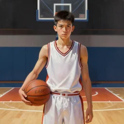 portrait of a boy at a basketball court holding a basketball wearing a basketball uniform in a basketball court standing near the basketball hoop, poised, intense emotion, detailed facial expression, detailed surroundings, intricate, elegant, highly detailed, centered, digital painting, artstation, concept art, smooth, sharp focus, illustration, by Peter Mohrbacher, WLOP