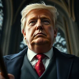a low angle film still of donald trump as a professor in harry potter