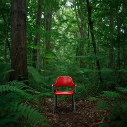 a beautiful lush forest with a red chair