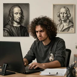 an annoyed curly - haired persian guy programmer by leonardo davinci and mc escher