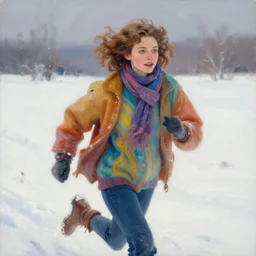 a young woman with short wavy curly light brown hair and blue eyes wearing colorful winter clothes is running in a snowy field. beautiful painting by artgerm and greg rutkowski