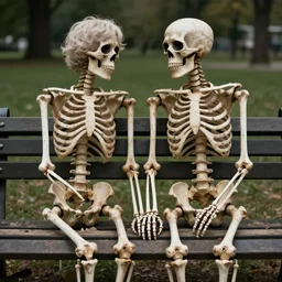 old romantic couple! of two human skeletons!, sitting on a park bench for very long time, holding their hands, partially covered with dust, grungy look, cinematic lighting, photorealistic image