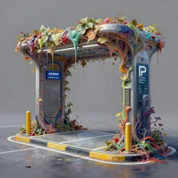 a beautiful modern parking station intricate detailed color smashing fluid oilpaint, 3 d render, hyper realistic detailed, color leaves, melting wax, fluid acrilic, thin fractal tendrils, ruan jia, wlop. scifi, fantasy, hyper detailed, octane render, concept art, by peter mohrbacher, by wlop, by ruan jia