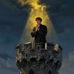 A terrified catholic priest in his twenties fervently praying at the top of a medieval tower. He is looking horrified as a yellow shadow descends upon him from the night sky. Dramatic lighting. Award-winning digital art, trending on ArtStation