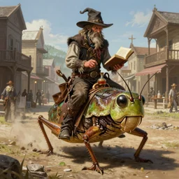 A very highly detailed wild west magical sorcerer wizard with a very highly detailed face with spellbooks and potions riding on a very higly detailed large grasshopper on the street of a wild west town digital rational painting art by Greg Rutkowski, sci-fi magic highly detailed, digital concept art, sharp focus, realistic concept art by Stephen Hickman and James Gurney and Hiromasa Ogura Ghost in the Shell rendered in Octane Render, From the distance