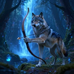 humanoid wolf holding an bow and arrow in hand in an enchanted forest with a blue hue and blue fireflie and a waterfall in the distance that magically glows blue, insanely detailed, hyper realistic