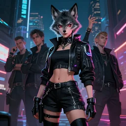 female anthropomorphic wolf character wearing black cyberpunk skater clothes with neon highlights in a cyberpunk city at night. Renowned character illustration by greg rutkowski, thomas kindkade, alphonse mucha, loish, norman rockwell. Trending on artstation 4k. Highly detailed. Digital art.