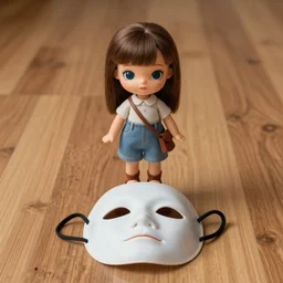 doll standing over a mask on a hardwood floor, 4k render trending on ArtStation