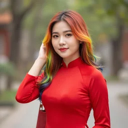pretty vietnamese woman with rainbow hair wearing a red ao dai