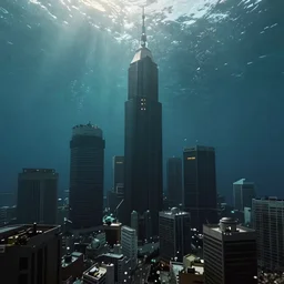 1 9 5 0 s city at the bottom of the ocean realistic dark towers, view from sea floor