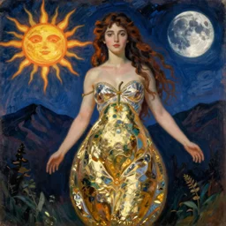 vintage beautiful painting of a goddess in a pear shaped metallic skirt showing the sun and moon on a mountain night time in Mary Cassatt style