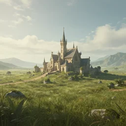 A serene landscape with a singular building in the style of high fantasy