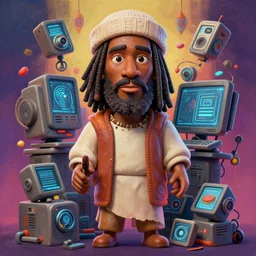 stylish caricature 3 d vfx drew struzan movie poster art of an african jesus surrounded technology, art style by james jean & hsiao - ron cheng, unreal engine render, digital illustration, sharp, intricate detail, volumetric lighting, ray tracing, soft light, colourful, claymation style, ernie barnes style, symmetry, acrylic on canvas, pinterest, artstation,