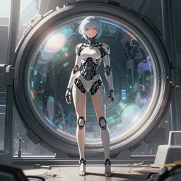 refractions on lens, full round face, biomechanical details, beautiful cyborg girl in the style of arcane, cyberpunk anime art, full body shot, window reflections, lens flare, wlop, ilya kuvshinov, artgerm, krenz cushart, greg rutkowski