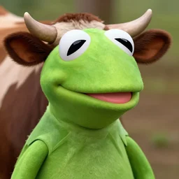 a cow with the head of kermit the frog