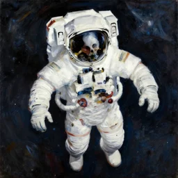 Oil painting Portrait of a dead astronatut floating around in space, by Lucian Freud, Abstract brush strokes, Masterpiece