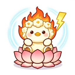 kawaii wacky fluffy popcorn with lightning bolt power, yokai, in the style of a mamashiba, with a yellow beak, with a toroidal energy field, with a smiling face and flames for hair, sitting on a lotus flower, white background, simple, clean composition, symmetrical