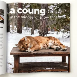 magazine page showing 'a cougar sleeping in the middle of snowy pine tree' laying on coffee table, zoomed out shot, HD, iphone screenshot