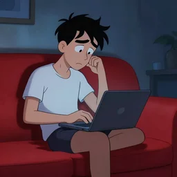 Cartoon of man sitting on red couch in underwear using macbook at night deep in thought messed up hair