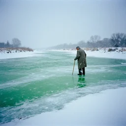 photo of green river, wyoming covered in ice and snow, during a snowstorm. a old man in a trench coat and a cane appears as a hazy silhouette in the distance, looking back over his shoulder. cold color temperature. blue hour morning light, snow storm. hazy atmosphere. humidity haze. kodak ektachrome, greenish expired film, award winning, low contrast.