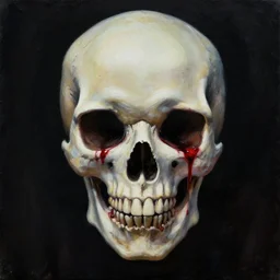 alien skull with blood coming out of its eyes on a black background, horror art, oil painting