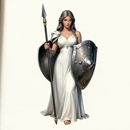 tattoo design, a female valkyrie holding a sheild and spear wearing a white dress, made by artgerm, artgerm, trending on artstation