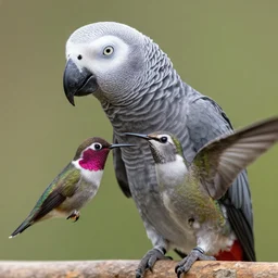 an african gray parrot mixed a hummingbird
