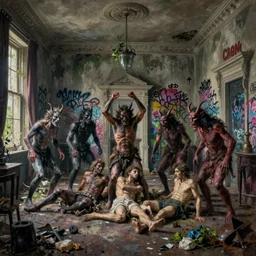 an eerie painting of a cacophony of demons sacrificing humans in a grungy derelict georgian manor interior with colourful graffiti on the walls and garbage scattered on the floor, reclaimed by nature by zdzisław beksinski, wayne barlowe, hr giger, luis royo, agostino arrivabene