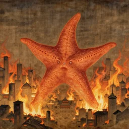 a goryeo era buddhist painting of a kaiju starfish creature, monster over burning cityscape, light burning through the painting,, ink painting, glitchy sliced zonal drawing, mirror flare, light leak, color bleed, texture