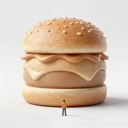 a small figure looks up at a giant ancient stone burger mountain range, Wes Anderson, Poster, megalophobia, digital art, striking, dramatic, cinematography, brightly lit, masterpiece